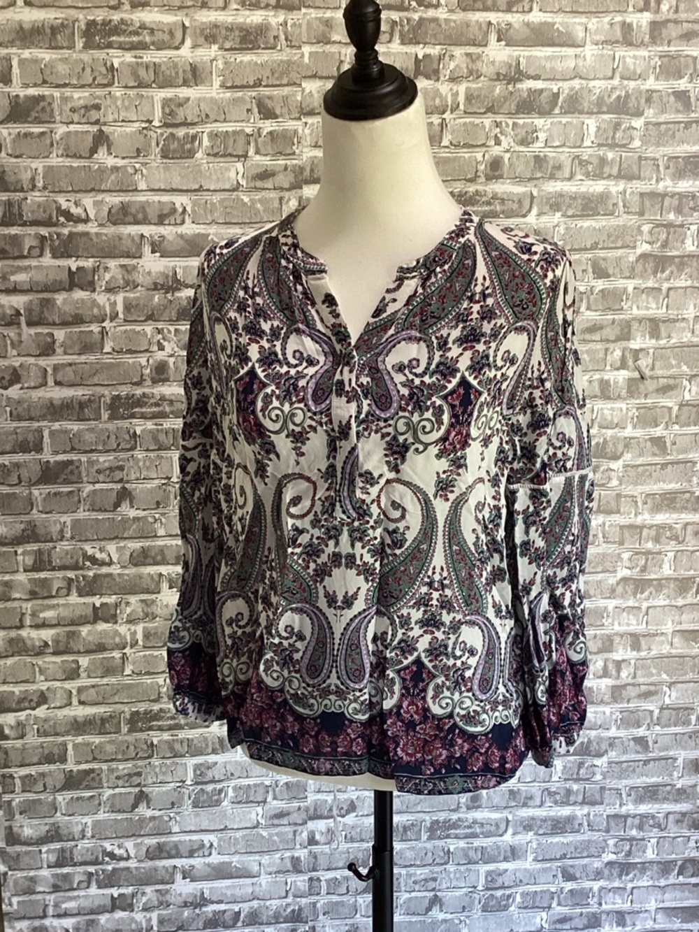 Lucky Brand Cream Paisley Peasant Blouse, Size M, With Blue and Purple Designs